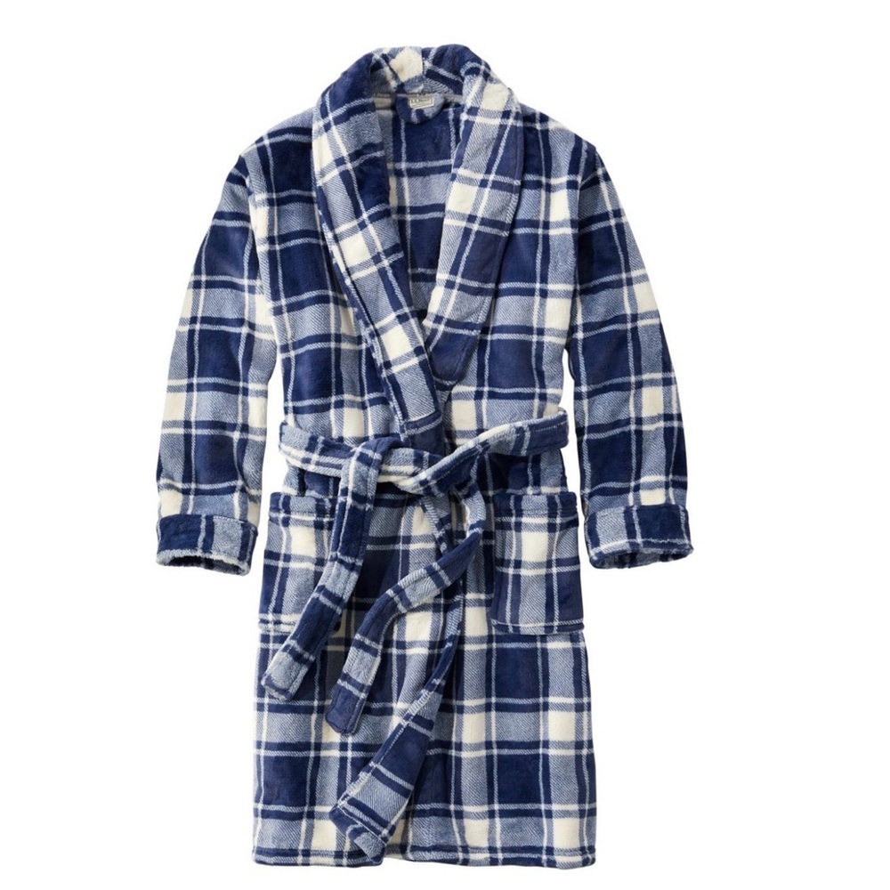 LL Bean Men's Wicked Plush Robe Clasdic Navy Plaid, size Small